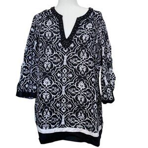 Style & Co. 100% Linen Tunic Tunic Top 16W | Beaded V-Neck Damask Print